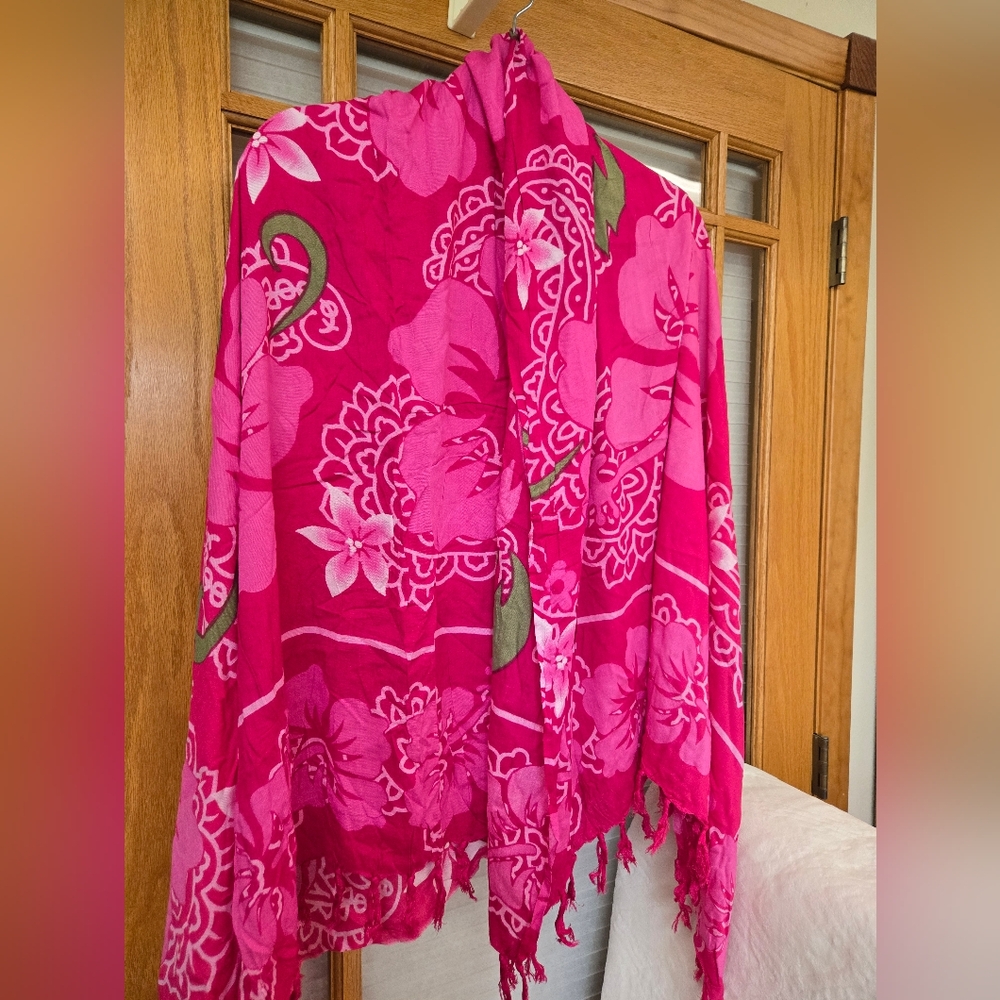 Vibrant Pink Floral Scarf/Wrap with Fringe